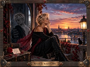 A solitary blonde woman sits on a stone terrace above a glowing riverside city at sunset, her dark clothing and crimson scarf contrasting with warm orange skies. A shadowed mirror reflection, rose, travel trunks, ivy, lantern, and black cat create a wistful, romantic digital painting framed with ornate musical metalwork.