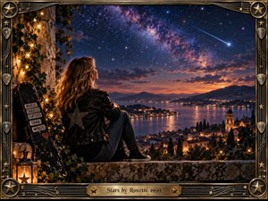 A lone woman sits on a stone terrace above a glowing lakeside town, gazing into a brilliant star-filled sky crossed by a meteor. Warm lanterns contrast with deep blue and violet night tones. The cinematic digital artwork feels reflective and hopeful, framed with ornate bronze musical details and a polished title plate.