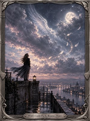 A solitary woman stands on a rain-dark rooftop above a glowing riverside city, gazing into a vast moonlit sky. Sweeping clouds, drifting feathers, and a luminous winglike form create a wistful sense of longing and possibility. Cool blue-gray tones, warm city lights, and ornate silver framing heighten the cinematic, romantic atmosphere.