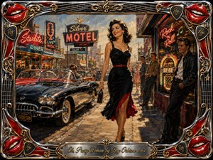 A glamorous woman in a black-and-red dress strides through a lively 1960s street lined with neon diners, a motel, jukebox, and gleaming convertibles. Warm golden light and rich reds, chrome, and midnight tones create a flirtatious, nostalgic mood. Painterly textures, smiling onlookers, musical motifs, and ornate framing complete the scene.