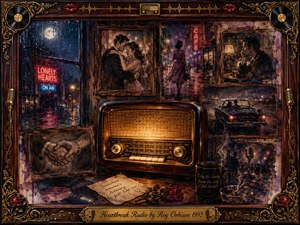 A glowing vintage radio anchors a rain-soaked collage of faded romantic memories, framed by ornate rosewood, gold filigree, records, roses, and microphones. Midnight blues, smoky purples, amber light, and red neon create a wistful atmosphere, while painterly oil, acrylic, and watercolor textures evoke loneliness, tenderness, music, and lost love.