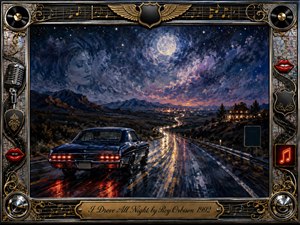 A midnight-blue classic car races along a rain-slick highway beneath a luminous moon, its taillights glowing across the reflective pavement. Deep blues, violet clouds, amber lights, and distant mountains create a romantic, restless mood. Expressive painterly textures, sweeping road curves, and an ornate music-themed frame evoke longing, urgency, and nocturnal devotion.