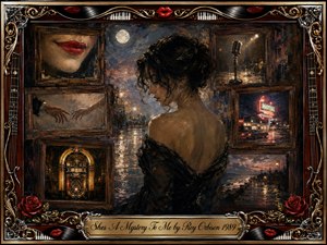 An enigmatic woman in black stands amid a dreamlike collage of fading memories, surrounded by red lips, reaching hands, a vintage microphone, jukebox, motel neon, and a lonely shoreline. Moody blues, warm amber, and gold highlights glow through rain-soaked darkness. Ornate rosewood, chrome, roses, vinyl, and musical details frame the nostalgic oil-painted scene.