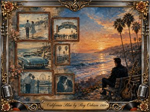 A solitary man sits beside his guitar overlooking a glowing California coastline at sunset, surrounded by faded framed memories of romance, beaches, palm trees, and vintage cars. Warm gold, blue, and amber tones blend in a nostalgic painterly collage, enclosed by ornate chrome, roses, records, microphones, and a scripted title plate.