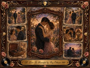 A tender couple embraces in a glowing twilight garden, surrounded by faded romantic memories arranged in ornate rosewood frames. Warm gold, blush pink, amber, and lavender tones create a wistful mood. Painterly oil, acrylic, and watercolor textures blend softly with roses, vinyl records, musical ornaments, and an engraved title plate.