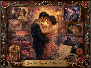 A warmly nostalgic romantic collage centers on a couple embracing beneath glowing streetlight, surrounded by framed memories of dancing, driving, music, and quiet affection. Rich rosewood, gold, crimson, and amber tones create an intimate glow, while painterly textures, vinyl records, microphones, roses, and ornate musical details evoke enduring love.