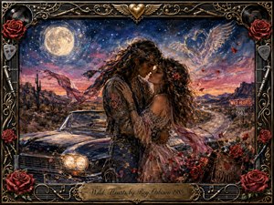 A passionate bohemian couple embraces beside a vintage convertible on a moonlit desert highway, surrounded by roses, drifting scarves, and distant mountains. Rich blues, purples, reds, and golds glow beneath a starry sky. Textured mixed-media painting, romantic lighting, ornate musical framing, and winged-heart details create a dreamy, nostalgic atmosphere.