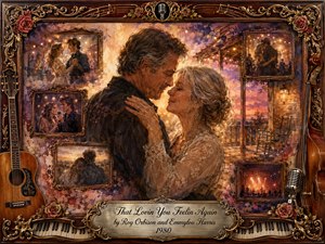 A tender couple embraces at the heart of a nostalgic country-romance collage, surrounded by framed memories of dancing, singing, concerts, and quiet companionship. Warm amber, rose, violet, and brown tones glow beneath soft sunset lighting. Rich painterly textures, antique rosewood, gold filigree, guitars, microphones, roses, and piano keys create timeless affection.