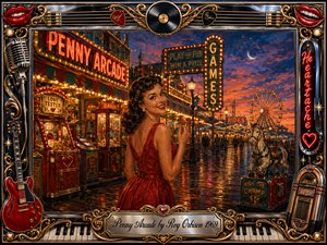 A glamorous woman in a red dress stands amid a glowing vintage penny arcade at dusk, surrounded by neon signs, carnival games, a Ferris wheel, and wet reflective boardwalks. Warm reds, golds, and amber lights contrast with deep blue skies, while an ornate chrome-and-gold music-themed frame enhances the nostalgic, romantic acrylic-paint atmosphere.