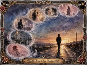 A solitary man walks toward a glowing sunset along a quiet country road, surrounded by feather-edged memories of romance, performance, roses, and a vintage car. Muted blues, mauves, and warm golds create a wistful mood. Watercolor-like textures, soft illumination, ornate musical framing, and the engraved title plate deepen the nostalgic atmosphere.