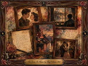 A nostalgic collage of fading romance unfolds within ornate rosewood and gold framing, blending oil, acrylic, and watercolor textures. Tender couples, a lonely rain-streaked window, handwritten letters, neon streets, and a slow dance create a bittersweet 1960s mood. Warm sepia, dusty rose, amber, and midnight tones glow softly throughout.