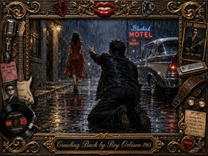 A heartbroken man kneels on a rain-soaked street, reaching toward a woman in a red dress walking away beneath glowing motel lights. Rich oil-paint textures, midnight blues, amber reflections, and dramatic shadows create aching nostalgia. An ornate musical frame of guitars, records, posters, and gold detailing surrounds the scene.