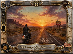 A lone motorcyclist rides into a glowing desert sunset along an endless Route 66 highway, surrounded by mesas, telephone poles, and a vintage motel sign. Warm amber, rose, violet, and blue tones create a wistful mood. Rich oil-paint textures and an ornate chrome-and-gold musical frame evoke freedom, distance, and longing.