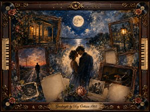 A moonlit couple embraces beside a shimmering lake, surrounded by fading framed memories of porches, lonely roads, lamplight, vintage photographs, roses, and a record player. Deep blues, amber golds, and weathered browns create a tender, nostalgic mood. Painterly textures, soft illumination, ornate musical framing, and the engraved title complete the romantic scene.