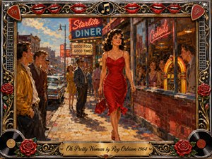 A glamorous woman in a vivid red dress strides confidently along a lively 1960s city street outside a glowing diner, drawing admiring looks from nearby pedestrians. Warm golden sunlight, neon signs, vintage cars, and a jukebox create a playful romantic mood. Rich oil-paint textures are framed by chrome, gold, roses, records, and musical ornaments.