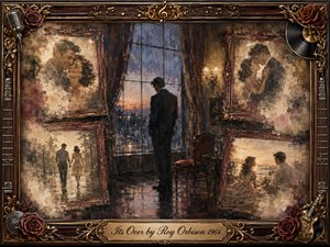 A solitary man stands before a rain-streaked window at twilight, surrounded by ornate rosewood-framed memories of happier romantic moments. Warm sepia, muted gold, burgundy, and cool blue tones create a wistful, final mood. Painterly textures, roses, records, musical details, and an engraved title plate deepen the nostalgic composition.