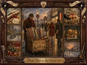 A nostalgic winter street glows beneath amber shop lights as an elderly vendor sells colorful wrapping paper and ribbons to passing holiday shoppers. Framed by rosewood, gold filigree, records, sheet music, microphone, and guitar details, the painterly collage blends warm reds, greens, browns, and snowy blues with tender, wistful Christmas atmosphere.