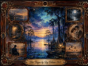 A tranquil blue bayou glows beneath a golden twilight, framed by moss-draped cypress trees, still water, and a waiting wooden boat. Faded rosewood portraits surround the central scene like cherished memories. Deep blues, amber highlights, roses, guitar details, and ornate gold inlay create a nostalgic, romantic painted collage.