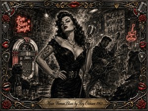 A sultry rockabilly singer commands a smoky 1960s blues club, framed by musicians, jukebox glow, neon signs, and shadowed patrons. Deep feathered charcoal creates gritty texture and dramatic contrast, while crimson lips, roses, and warm gold accents add heat. An ornate music-themed frame and engraved title plate complete the vintage composition.