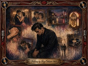 A sorrowful man sits amid fading romantic memories, surrounded by rosewood-framed scenes of dancing, embraces, rainy streets, records, and a glowing jukebox. Warm amber, burgundy, gold, and midnight blue tones create nostalgic melancholy. Painterly oil and watercolor textures, soft cinematic lighting, musical ornaments, and an engraved title plate complete the composition.