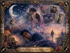 A sleeping man drifts through a moonlit collage of fading romance, carnival memories, vintage photographs, and a lone figure walking toward dawn. Deep blues, violets, blush pinks, and warm gold glow through soft painterly textures. Ornate musical framing, roses, records, piano keys, stars, and a microphone heighten the nostalgic dreamlike mood.