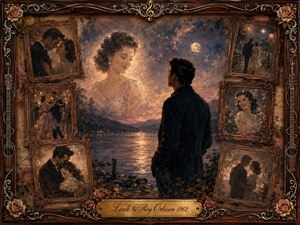 A solitary man stands beside a moonlit lake, gazing toward a luminous woman formed from fading memories. Vintage rosewood frames surround tender romantic scenes, roses, guitars, and ornate gold details. Warm sepia, amber, and midnight blue tones create a wistful atmosphere, rendered in richly textured, nostalgic painterly style.