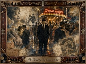 A solitary young man stands amid a lively 1960s ballroom crowd, surrounded by dancing couples and fading memories of lost romance. Warm gold marquee lights glow against sepia, smoky blue, and muted brown tones. Painted in layered oil and watercolor textures, the nostalgic collage is enclosed by an ornate music-themed frame.