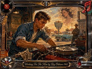 A young mechanic works beneath a car hood at a weathered roadside service station, watched by a stern supervisor as a dreamlike woman fades into the glowing sunset. Rich blues, rust reds, amber light, and textured oil-paint brushwork create nostalgic tension, surrounded by an ornate chrome-and-gold musical frame.