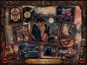 A nostalgic rock-and-roll collage centers on a moonlit 1960s couple embracing beneath a starry sky, surrounded by framed memories of dancing, diners, a motel, jukebox, convertible, microphones, vinyl, and guitar. Warm rosewood, gold, crimson, and midnight blue tones glow with painterly texture and romantic vintage lighting.