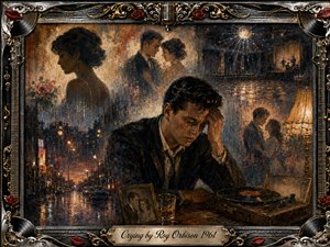 A grieving man sits beside a turntable, whiskey glass, and framed photograph as rain-streaked memories of lost romance surround him. Warm amber, sepia, charcoal, and midnight blue tones create a sorrowful nostalgic mood. Textured oil-paint styling, glowing lamps, wet streets, roses, records, and ornate metallic framing deepen the heartbreak.