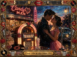 A romantic couple embraces outside a glowing 1960s candy-shop diner, surrounded by neon signs, a vintage jukebox, microphone, classic car, milkshake, records, and roses. Rich reds, golds, blues, and warm amber lighting create nostalgic intimacy. Painterly textures and an ornate music-themed frame evoke timeless rock-and-roll romance.