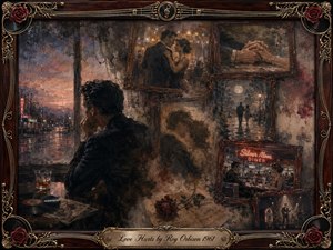 A grieving man sits beside a rain-streaked window as faded romantic memories surround him in ornate rosewood frames. Warm sepia, charcoal, crimson, and muted gold tones create a sorrowful, nostalgic mood. Painterly textures, dim lamplight, roses, records, musical details, and an engraved title plate evoke love remembered through heartbreak.