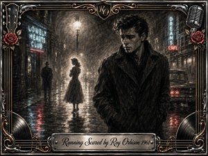 A brooding young man stands on a rain-soaked 1960s street, haunted by a glowing woman and a shadowy rival in the distance. Deep feathered charcoal textures, smoky grays, muted sepia, pale blue neon, and crimson reflections create tense romantic melancholy. Ornate chrome, gold, roses, records, strings, and microphone details frame the cinematic scene.