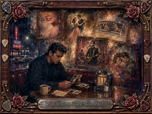 A heartbroken man sits alone in a rain-darkened 1960s diner, studying faded photographs as romantic memories dissolve across the wall behind him. Warm sepia, burgundy, bronze, and midnight blue tones create a nostalgic melancholy. Painterly textures, glowing neon, roses, guitar strings, jukebox details, and ornate framing deepen the sense of longing.
