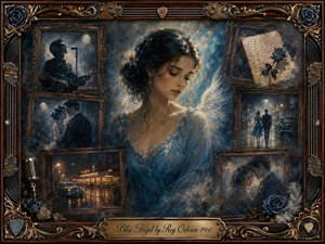 A melancholy blue-clad angelic woman anchors a nostalgic collage of faded romance, moonlit dancing, rainy streets, a singer, and handwritten memories. Deep blues, smoky teal, sepia, and warm amber glow through layered oil, acrylic, and watercolor textures. Ornate rosewood, gold, roses, strings, and vintage music details frame the dreamlike scene.