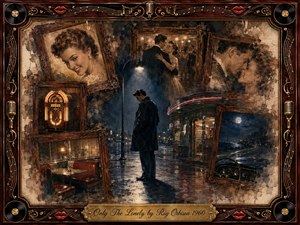 A solitary man stands beneath a streetlamp on a rain-slicked nighttime street, surrounded by faded framed memories of romance, dancing, diners, and moonlit drives. Warm sepia browns contrast with deep blue shadows and amber lights. The nostalgic mixed-media painting blends watercolor softness and oil texture within an ornate musical rosewood frame.