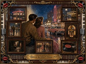 A young couple sits close beneath glowing uptown lights, surrounded by framed memories of diners, dancing, rainy streets, a jukebox, and vinyl records. Warm amber, rose, and midnight blue tones create a wistful romantic mood. Painterly textures, wet reflections, ornate gold trim, microphones, piano keys, and red lips enrich the nostalgic 1950s composition.