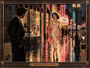 A glamorous woman in a cream dress and coral shawl walks through a rain-slicked 1960s city street, glowing beneath neon signs and theater lights as a shadowed man watches nearby. Warm amber, pink, teal, and black tones create romantic tension, while painterly textures, vintage cars, reflections, and the ornate musical frame deepen the nostalgic atmosphere.