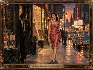 A glamorous woman in a rose satin dress strides through a glowing 1960s city street while a sharply dressed man watches from a shadowed storefront. Warm amber lights, neon signs, classic cars, and wet pavement create romantic nostalgia. Rich oil-paint textures, deep shadows, and an ornate musical frame heighten the cinematic mood.