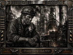 A weary industrial worker leans against a railing before a sprawling steel mill, surrounded by smokestacks, scaffolding, sparks, and drifting smoke. Deep charcoal textures and stark grayscale tones create a gritty, exhausted mood, while faint ember-orange highlights add heat. An ornate metallic music-inspired frame and engraved title plate complete the dramatic composition.