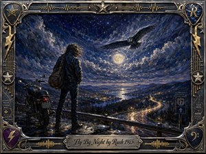 A lone traveler stands beside a motorcycle on a moonlit overlook, gazing across a winding highway and glowing valley beneath a turbulent star-filled sky. Deep blues, silver moonlight, and warm amber road lights create a restless, adventurous mood. Thick oil-paint textures, a soaring owl, and an ornate metallic music-themed frame complete the scene.