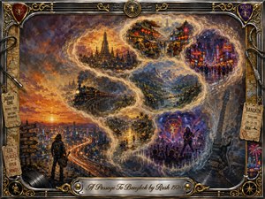 A richly textured dreamscape follows a winding journey toward Bangkok, with glowing temples, mountain valleys, bustling lantern markets, neon streets, and a distant concert woven into sweeping feathered curves. Warm amber sunsets blend with deep blues and purples, while ornate chrome, gold, guitar-string details, travel tickets, and a polished title plate frame the nostalgic scene.