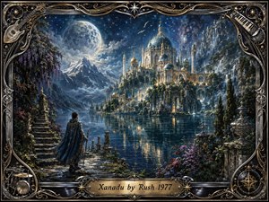A lone cloaked traveler gazes across a moonlit lake toward an opulent palace rising among mountains, waterfalls, and flowering gardens. Deep blues, silver, emerald, and gold create a mystical, contemplative mood. Warm palace lights contrast cool celestial illumination, while ornate musical motifs and metallic filigree frame the richly painted fantasy scene.