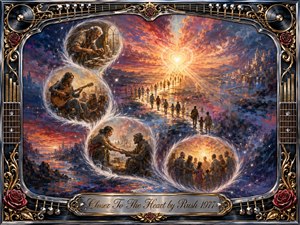 A luminous dreamlike journey unfolds beneath a fiery sunset, where silhouetted figures follow a winding path toward a radiant heart-shaped light. Feathered memory bubbles reveal musicians, craftsmen, and human connection. Rich blues, crimson, gold, and amber glow in painterly textures, enclosed by an ornate chrome, guitar-string, rose, and vinyl-inspired frame.