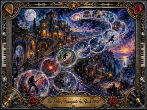 A surreal twilight dreamscape unfolds around an ornate hillside villa beneath a glowing moon, while luminous musical pathways sweep upward in an elegant S-curve through floating memory-like spheres. Deep blues, violet skies, warm amber windows, and intricate metallic framing create a mysterious, theatrical mood, blending painterly fantasy, music, architecture, and cosmic imagination.