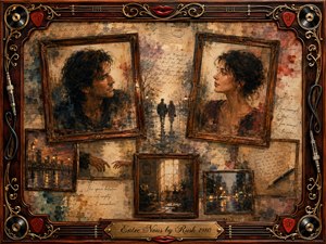 A nostalgic mixed-media collage portrays a man and woman gazing toward each other from separate vintage frames, surrounded by fading memories of shared walks, reaching hands, quiet rooms, and rainy city lights. Warm sepia, rosewood, gold, and muted blue tones glow softly within an ornate music-themed frame, creating tender emotional distance.