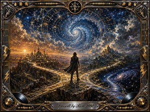 A solitary figure stands at a glowing crossroads beneath a vast cosmic spiral, choosing between a golden city, storm-dark mountains, and a star-filled path. Deep blues, silver, amber, and electric white create dramatic contrast. Rich oil-painted textures, celestial symbols, lightning, and an ornate chrome-and-gold musical frame heighten the philosophical mood.
