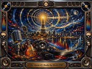 A radiant radio tower pulses golden sound waves across a deep blue night city, surrounded by swirling music, stars, and luminous reflections. A vintage microphone, electric guitar, speakers, vinyl record, equalizer bars, and VU meters create an energetic oil-painted collage, framed in ornate chrome and gold with a polished engraved title plate.
