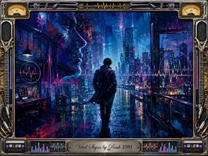 A solitary figure walks through a rain-slicked neon city as glowing heartbeat lines pulse across windows and distant towers. Deep blues, violet, magenta, and electric gold create a tense futuristic mood. Thick expressive paint textures contrast with a metallic music-themed frame featuring VU meters, strings, cassettes, equalizers, and an engraved title plate.