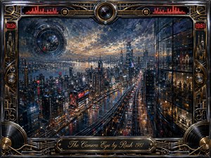 A rain-slicked metropolis glows beneath a turbulent twilight sky, viewed from a towering, almost mechanical camera-like perspective. Deep blues, charcoal blacks, amber lights, and crimson accents create a watchful, futuristic mood. Expressive painterly textures blend with intricate urban detail, while chrome, gold, records, circuitry, and lens motifs frame the city.